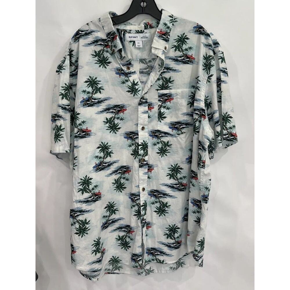 Old Navy Hawaiian Slim Fit Shirt Men XXL Green Floral Button Down Pocket Collar